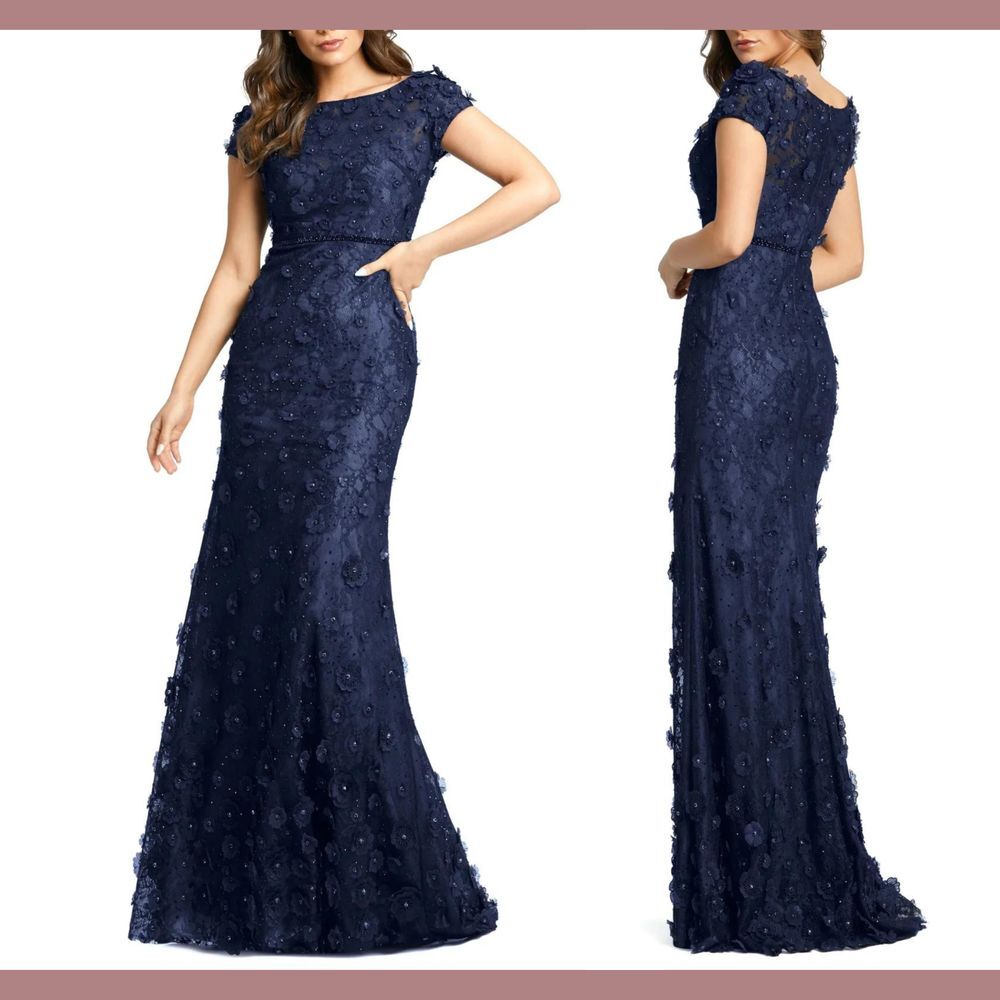NWT $598 MAC DUGGAL [ 8 ] Floral Applique Boat Neck‎ Short Sleeve Gown Blue